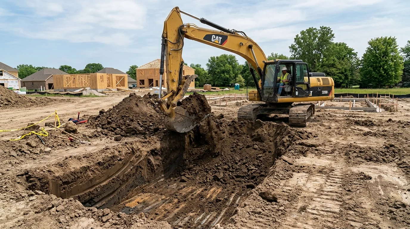 Excavator grading a residential lot in Liberty, PA while workers check plans and property lines