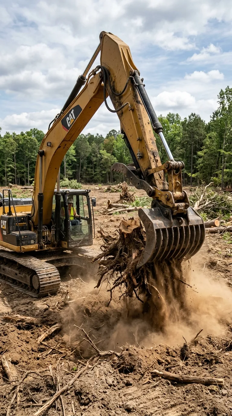 Skilled excavator operator shaping land for utility installation on a rural Ulysses, PA property